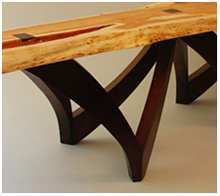 Natural yew slab bench with walnut base